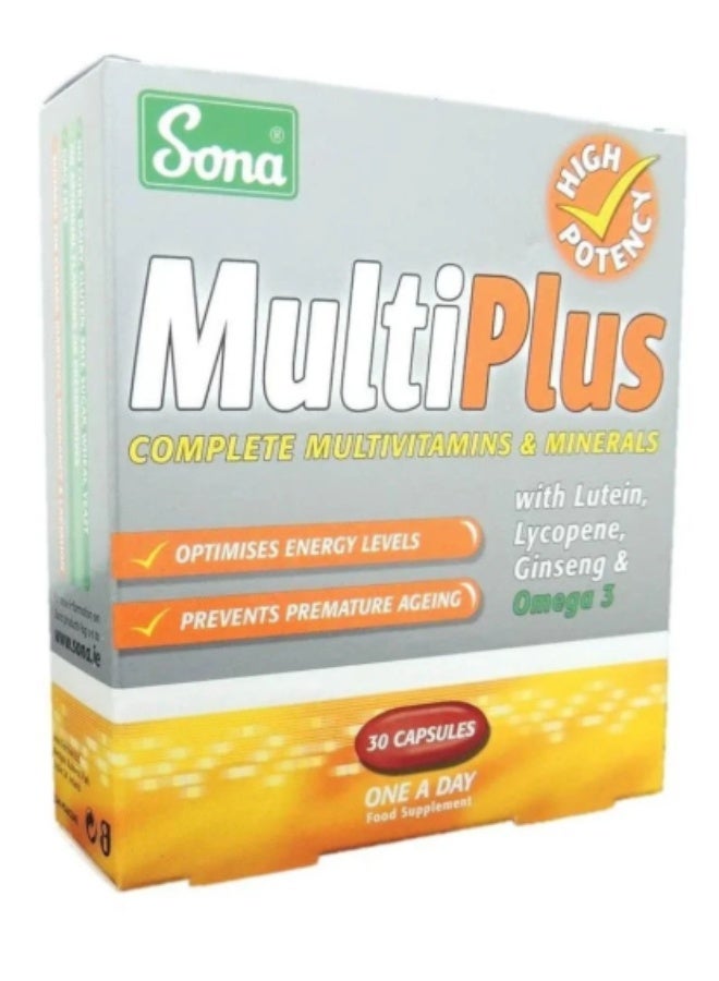 Sona Multiplus Complete Multivitamin & Mineral Capsules with Lutein, Lycopene, Ginseng & Omega-3 – Daily Energy, Eye Health & Immunity Support, 30 Capsules - Image 2